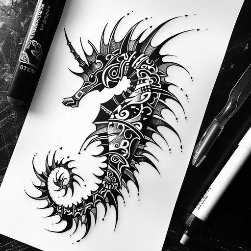 Bold black tribal style seahorse tattoo sketch with sharp, interlocking patterns