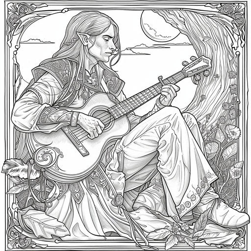 The elf bard playing a lute under a moonlit sky. Coloring book page
