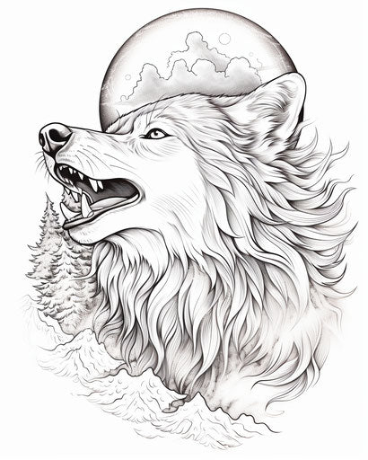 Detailed coloring page of a wolf howling at the moon with feathers on the face
