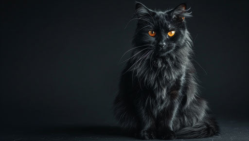 Elderly black cat with yellow eyes on gothic background