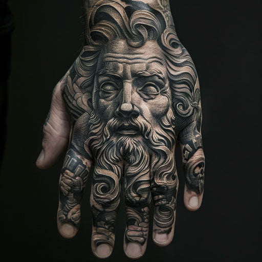 Hand tattoo for men depicting mythological gods, in the style of J.P. Targete
