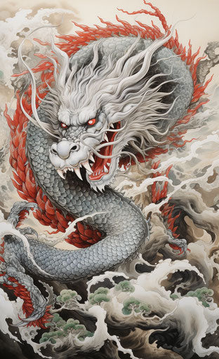 Japanese painting of a red and white dragon