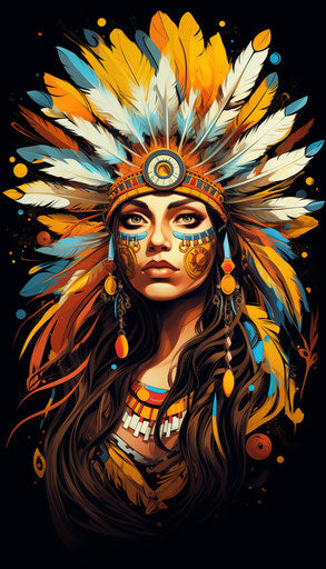 Indian woman with feathers in hair and headdress