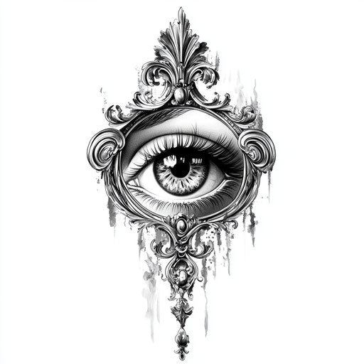 Tattoo sketch of eye with baroque frame on arm