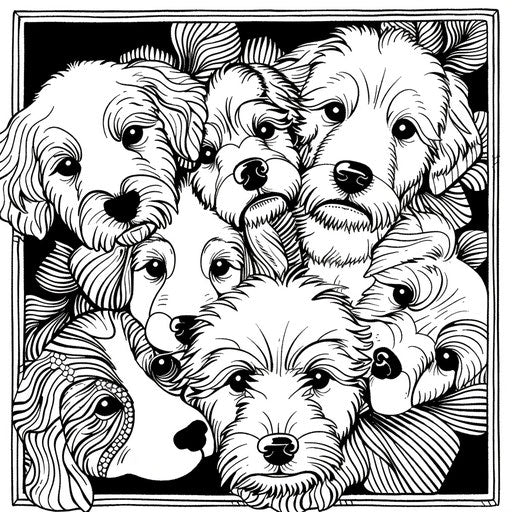 Intricate zentangle design with puppies. Coloring book page