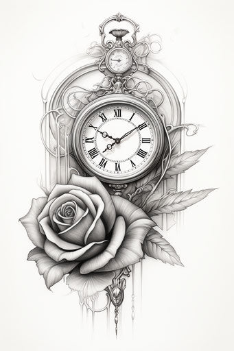 Tattoo with a clock and a rose