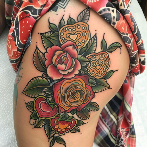 Thigh tattoo of traditional roses and hearts