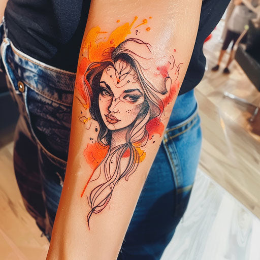 Bold and dramatic tattoo sketch of Aphrodite with fiery red and orange watercolor splashes