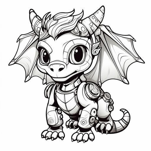 Dragon in black and white, robotics kids style, charming characters
