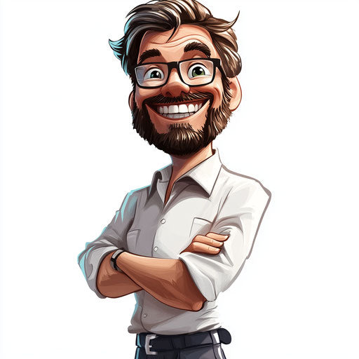 Humorous caricature of a male teacher with exaggerated human characteristics