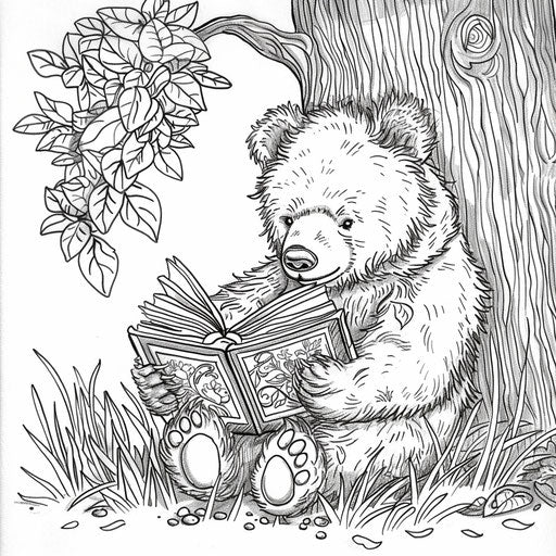 A whimsical brown bear reading a book under a tree