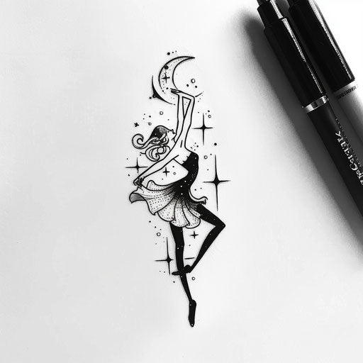 Whimsical flat tattoo sketch of a soul dancing with stars and moonlit silhouettes