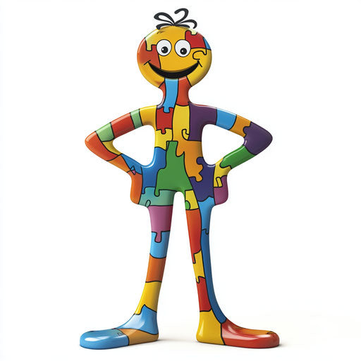 Humorous caricature of a puzzle piece with human characteristics