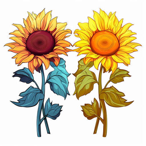 Two sunflowers in different colors combined in ink drawing style