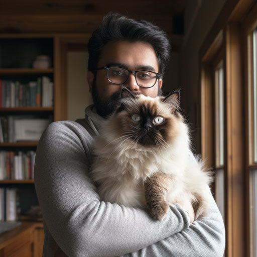 Himalayan cat being held by its owner