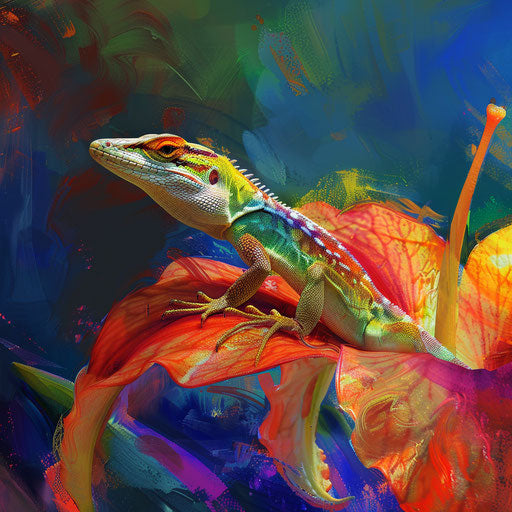 Anole lizard sunbathing on a colorful flower