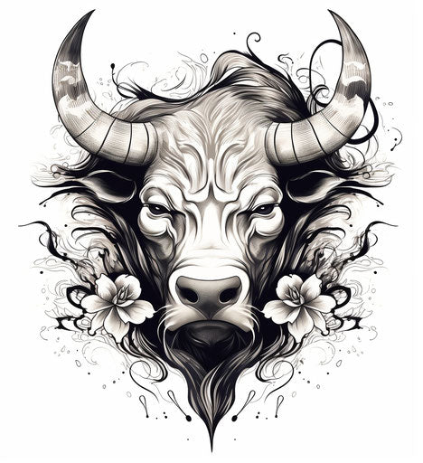 Black and white illustration of a bull's head in oriental style