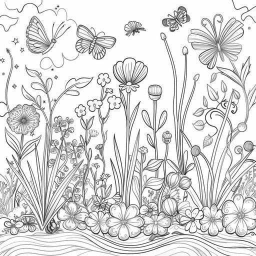 Whimsical garden scene with flowers and butterflies