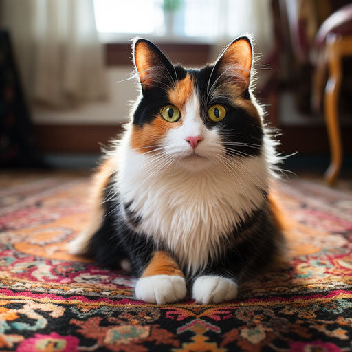 Calico cat lying on a carpet