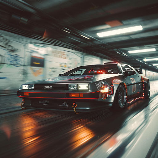 Underground race of a tuned 1981 DeLorean DMC-12
