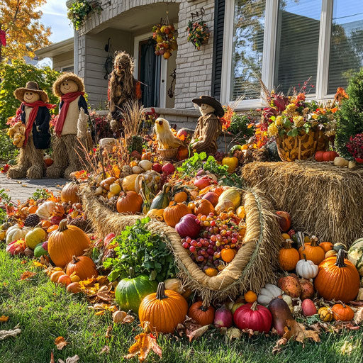 Front yard adorned with hay bales and overflowing cornucopia