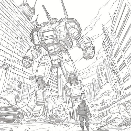 Superhero vs giant robot in a futuristic city