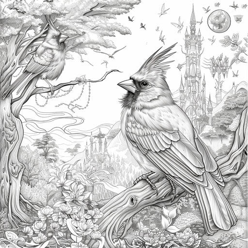 Cardinal in an enchanted forest with magical elements