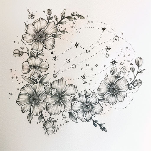 Botanical Aries constellation tattoo sketch with floral elements