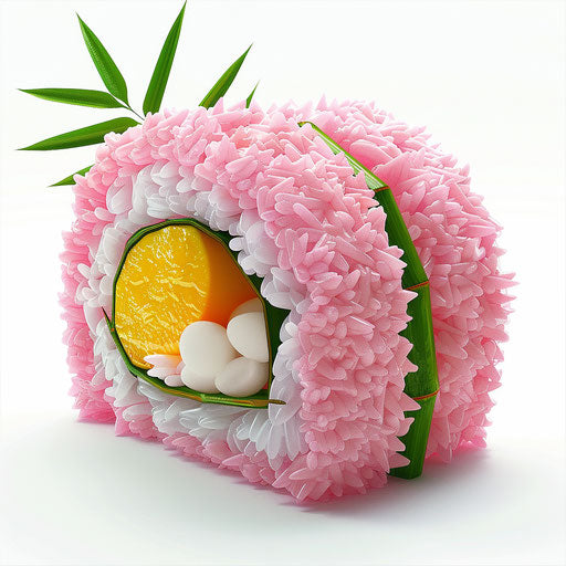 Pink sushi roll with yellow fish eggs and green leaves