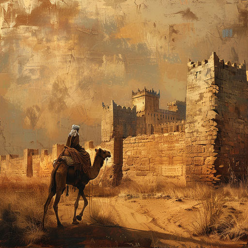 A nomad leading a camel through an ancient desert city, walls etched with history