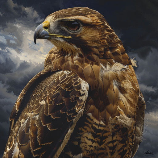 Detailed portrait of a Swainson's hawk, feathers ruffled by the wind, with stormy skies of the approaching monsoon