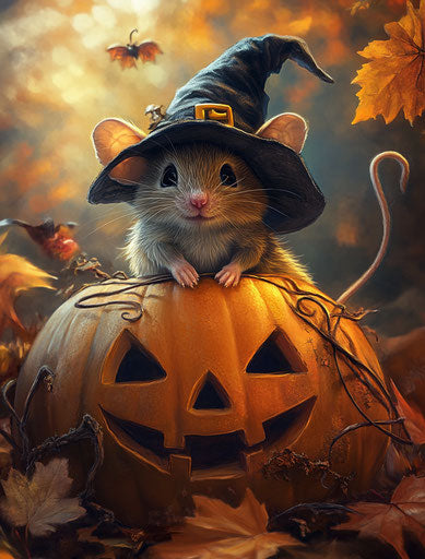 Cute mouse with witch hat sitting on pumpkin