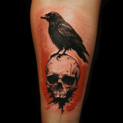 Inner forearm tattoo with gothic raven on skull