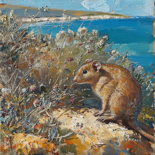 An antechinus in a coastal scrubland, the shimmering ocean