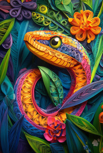 3D quilling paper art of snake, vibrant colors, colorful background, detailed 59:88
