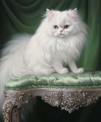 White Persian cat on a bench with green eyes