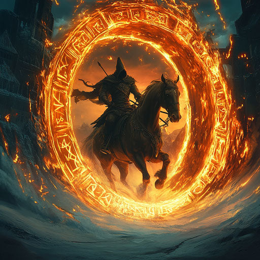 Headless rider on ghostly horse riding through a portal