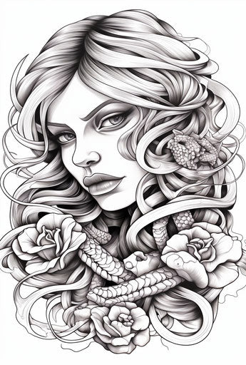 Woman with snake and roses, stylistic abstraction