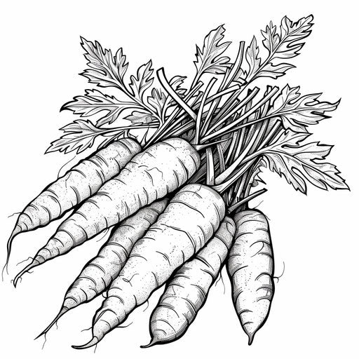Detailed illustration of a bunch of fresh carrots with leafy tops. Coloring book page
