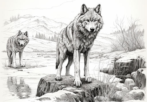 Coloring pages of wolves and dogs, Richard Doyle style, reduction of canine anatomy