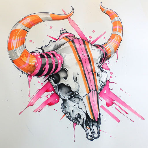Lively cow skull sketch with candy stripes and pink highlights