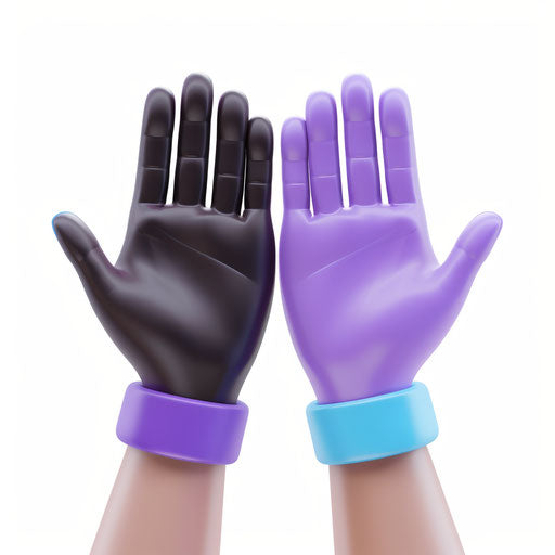 3D icon of two hands high five, one hand is black and the other purple with blue band on wrist, white background