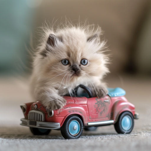 Himalayan kitten in toy car, ready for an adventure