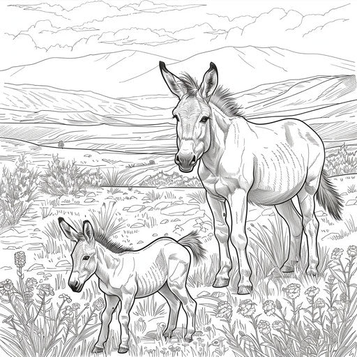 Donkey and foal playing in a grassy field