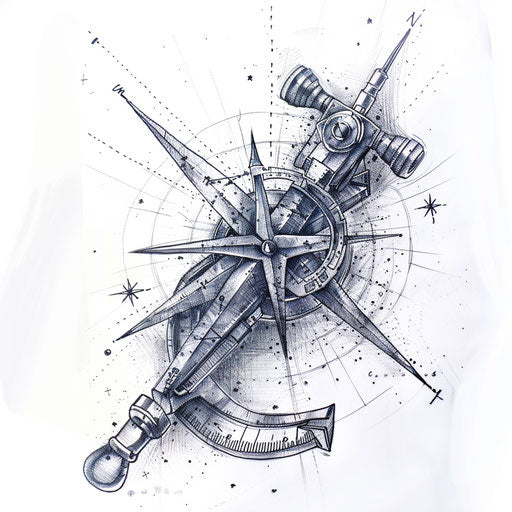 Celestial navigation tattoo sketch, stars and sextant
