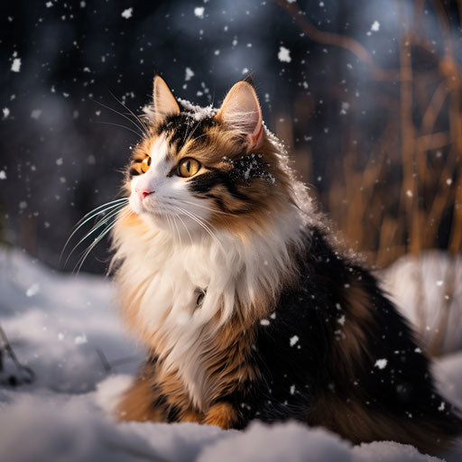 Calico cat in a field during snowfall