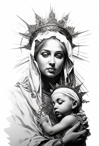 Black and white drawing of a person with a crown of thorns