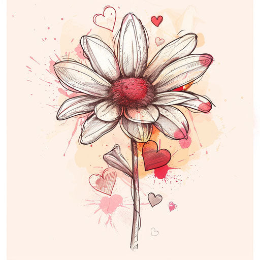 Romantic tattoo sketch of a daisy with hearts in a clipart flat style, using soft shades of red and pink