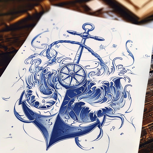 Nautical tattoo design of anchor and compass surrounded by waves in navy blue on white background