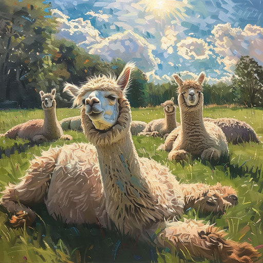 Alpacas in a sun-drenched field, peaceful and relaxed
